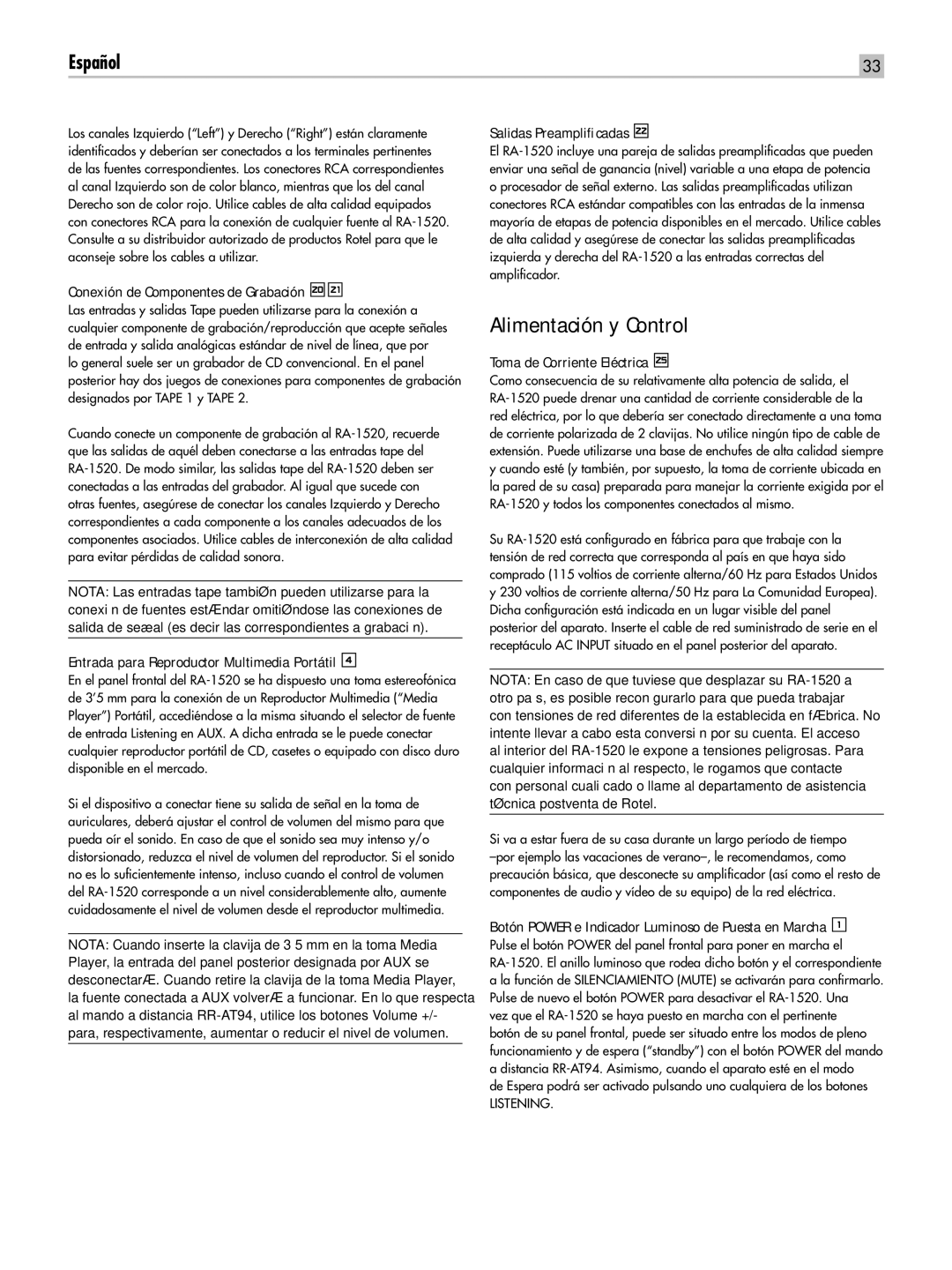 Rotel RA-1520 owner manual Alimentación y Control, Conexión de Componentes de Grabación io, Salidas Preamplificadas p 