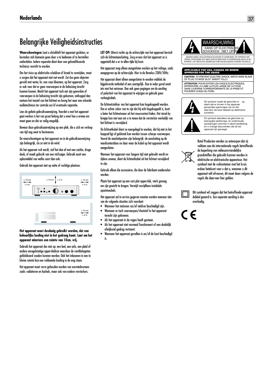 Rotel RA-1520 owner manual Belangrijke Veiligheidsinstructies, Waarschuwing 