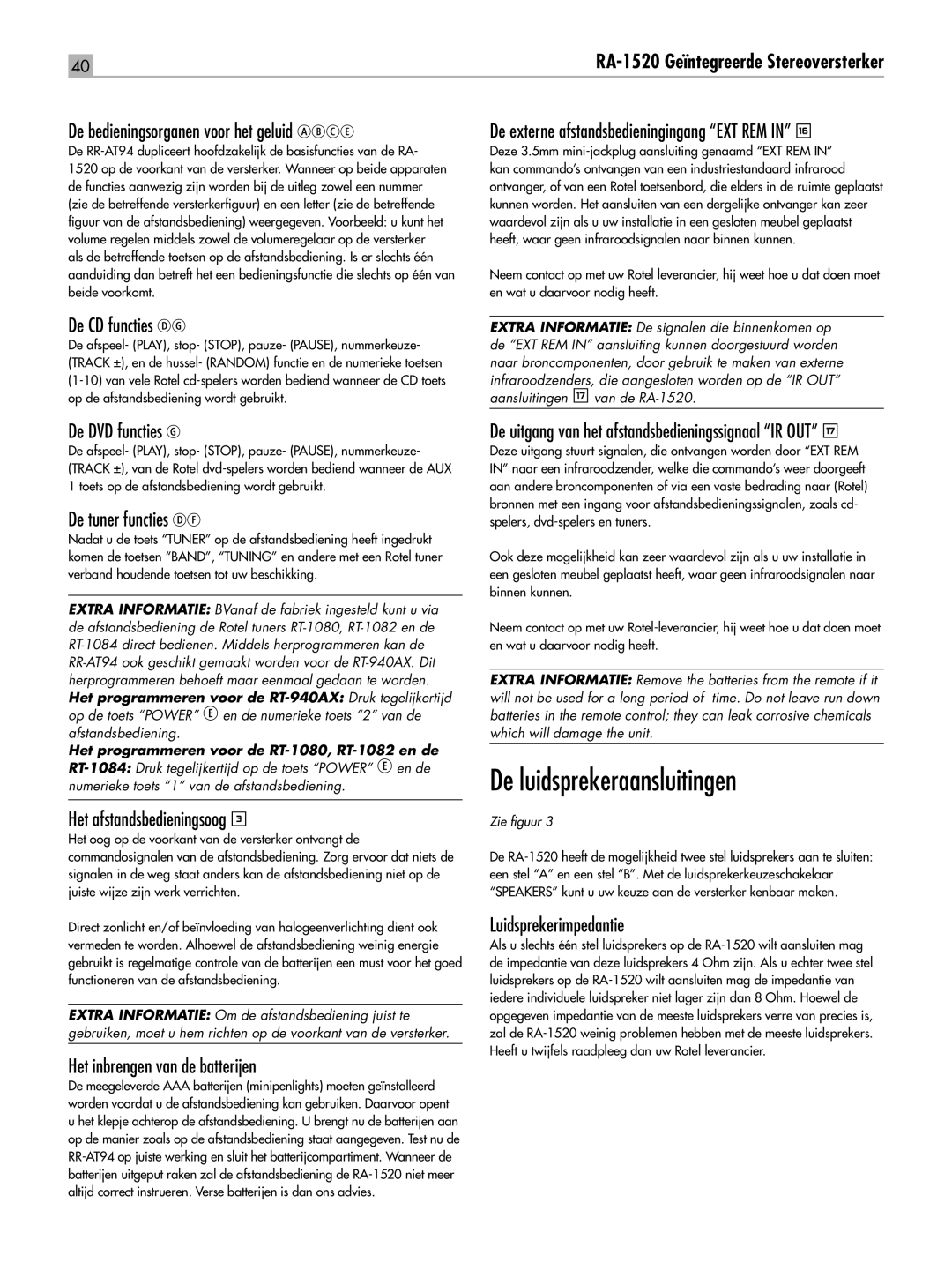 Rotel RA-1520 owner manual De luidsprekeraansluitingen 