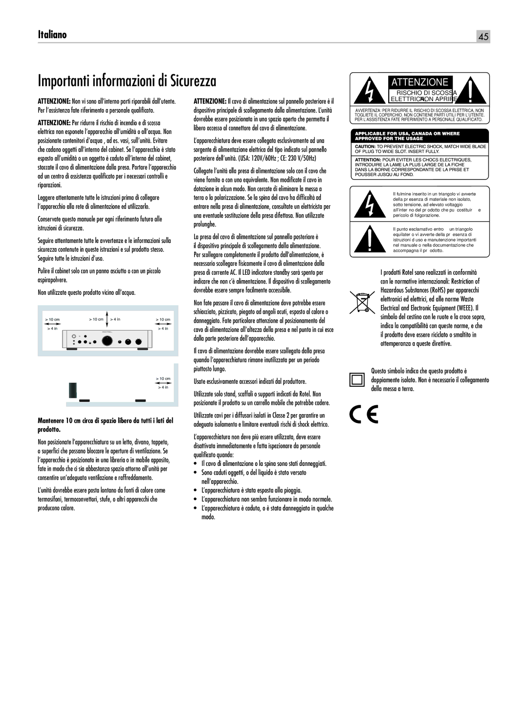 Rotel RA-1520 owner manual Importanti informazioni di Sicurezza, Attenzione 