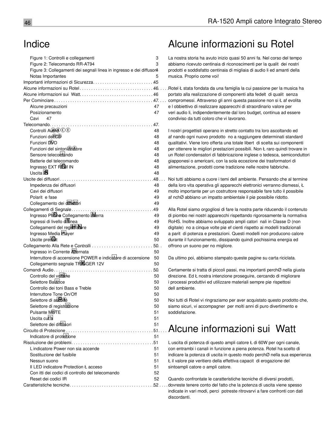 Rotel RA-1520 owner manual Indice, Alcune informazioni su Rotel, Alcune informazioni sui Watt 