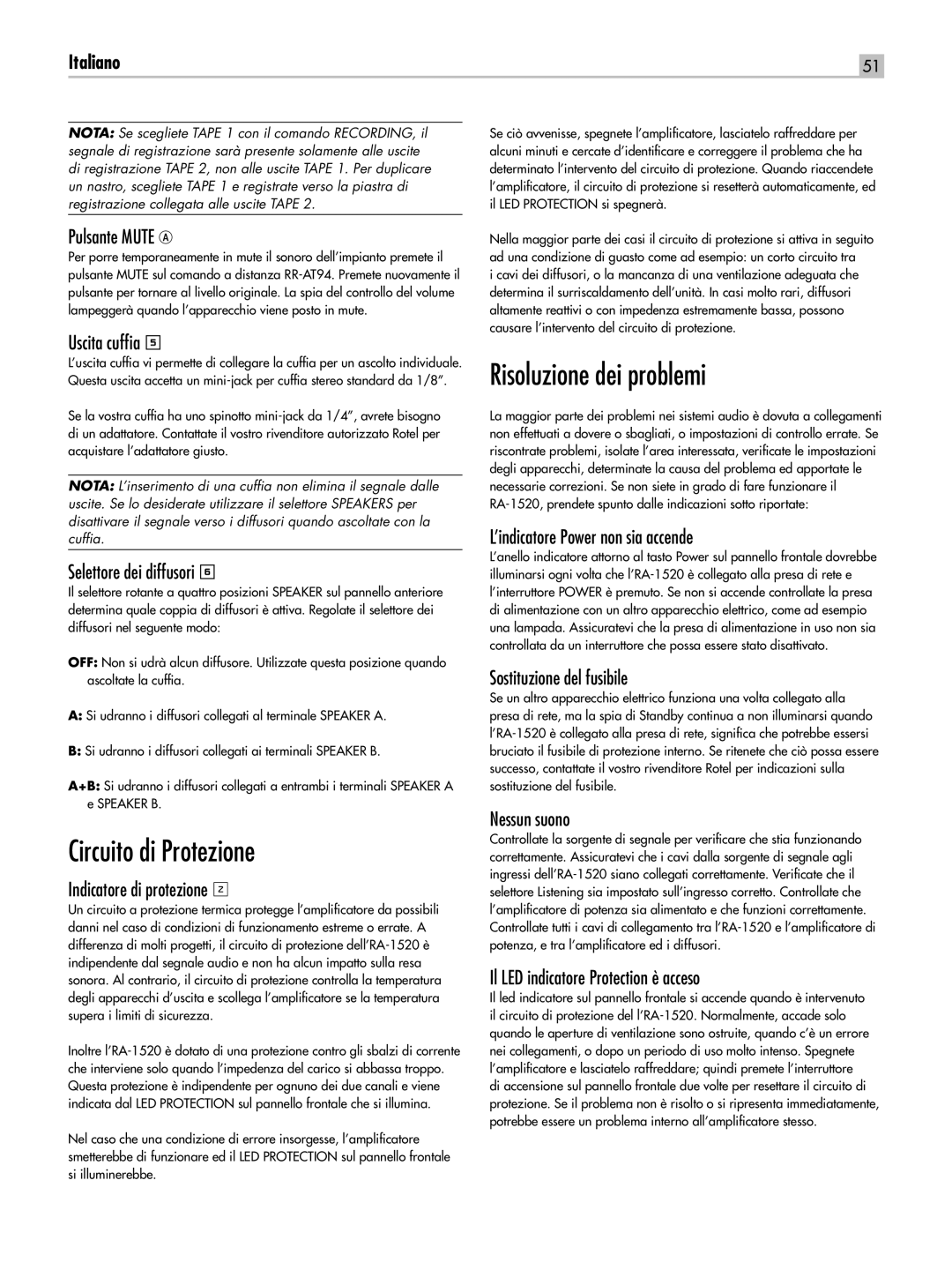 Rotel RA-1520 owner manual Circuito di Protezione, Risoluzione dei problemi 