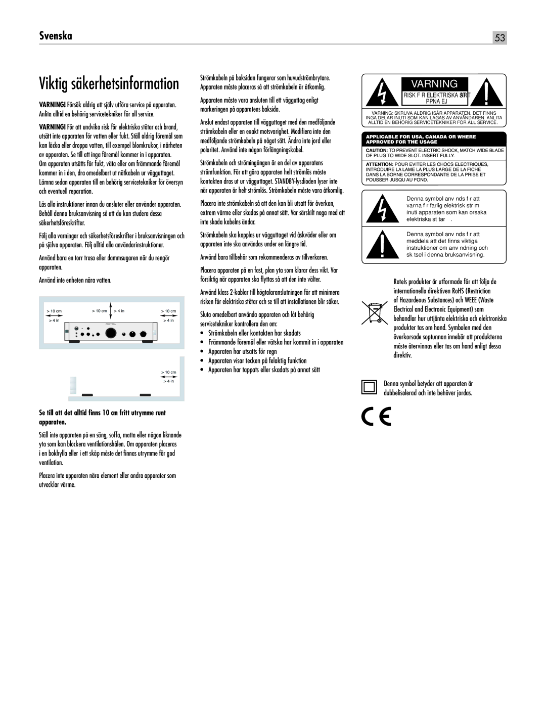 Rotel RA-1520 owner manual Viktig säkerhetsinformation 