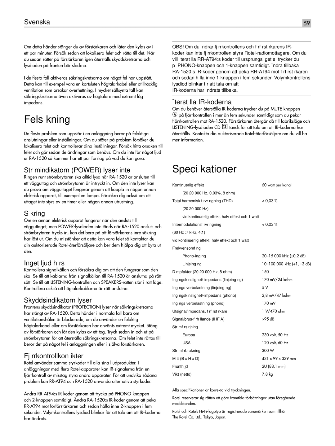 Rotel RA-1520 owner manual Felsökning, Specifikationer 