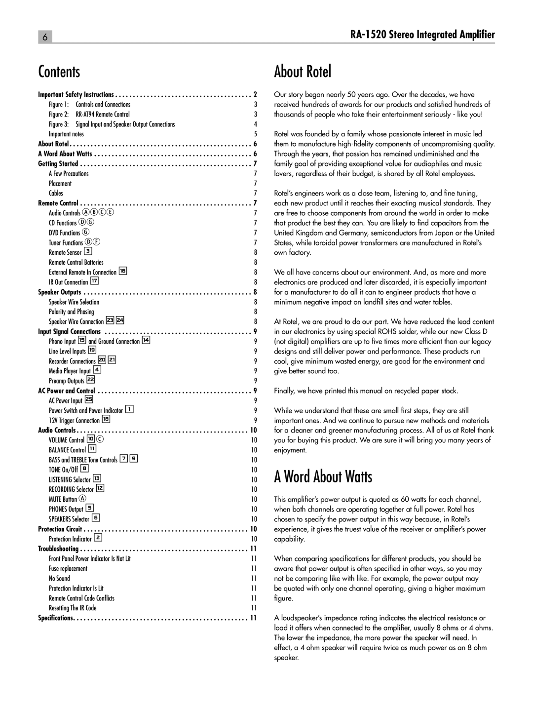 Rotel RA-1520 owner manual Contents About Rotel, Word About Watts 