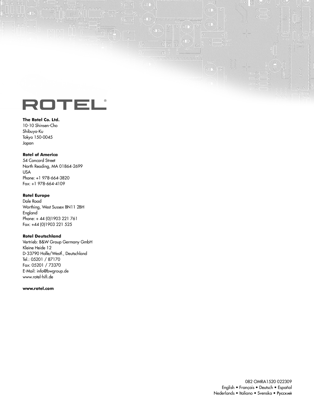 Rotel RA-1520 owner manual Rotel of America, Rotel Europe, Rotel Deutschland 