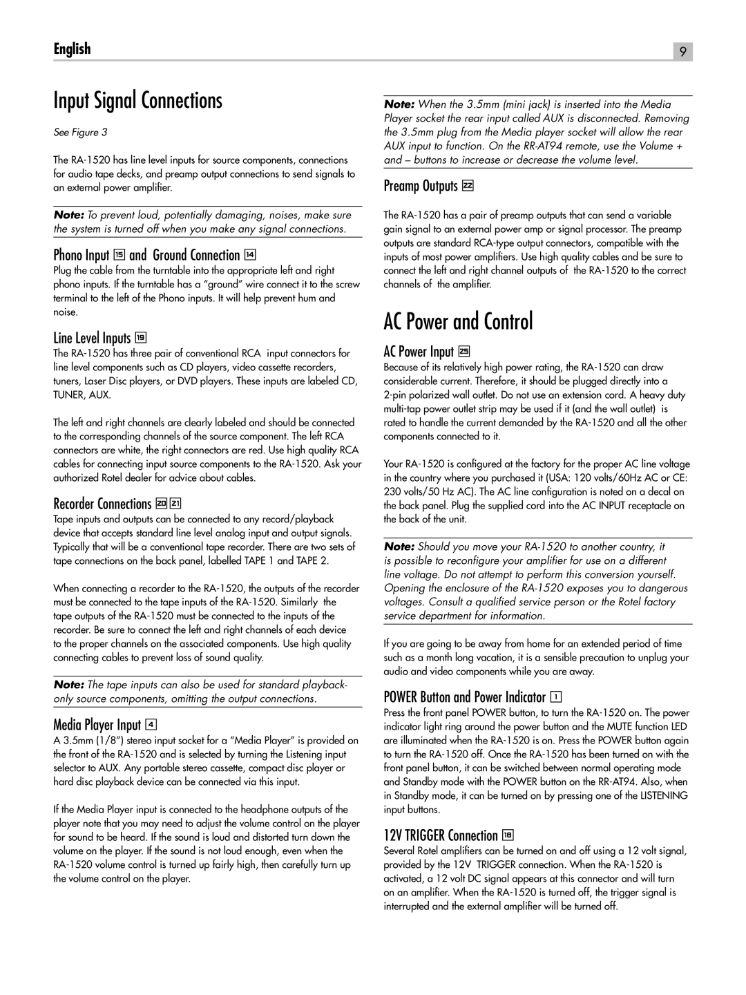 Rotel RA-1520 owner manual Input Signal Connections, AC Power and Control 