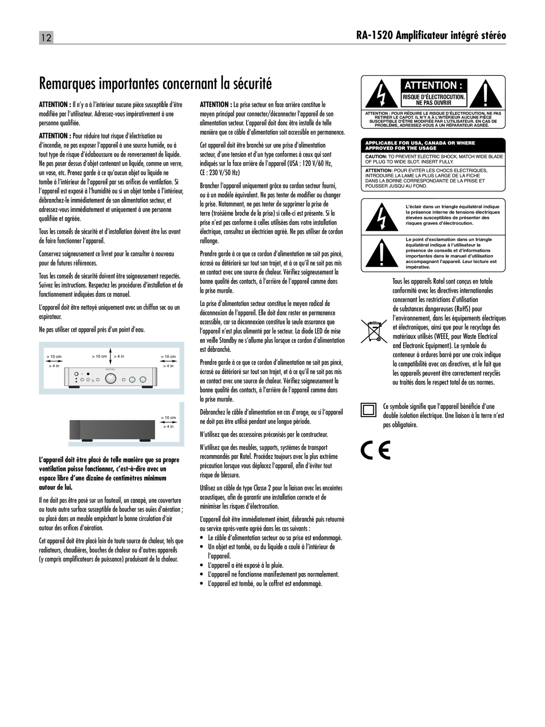 Rotel RA-1520 owner manual Remarques importantes concernant la sécurité, RA‑1520 Amplificateur intégré stéréo 