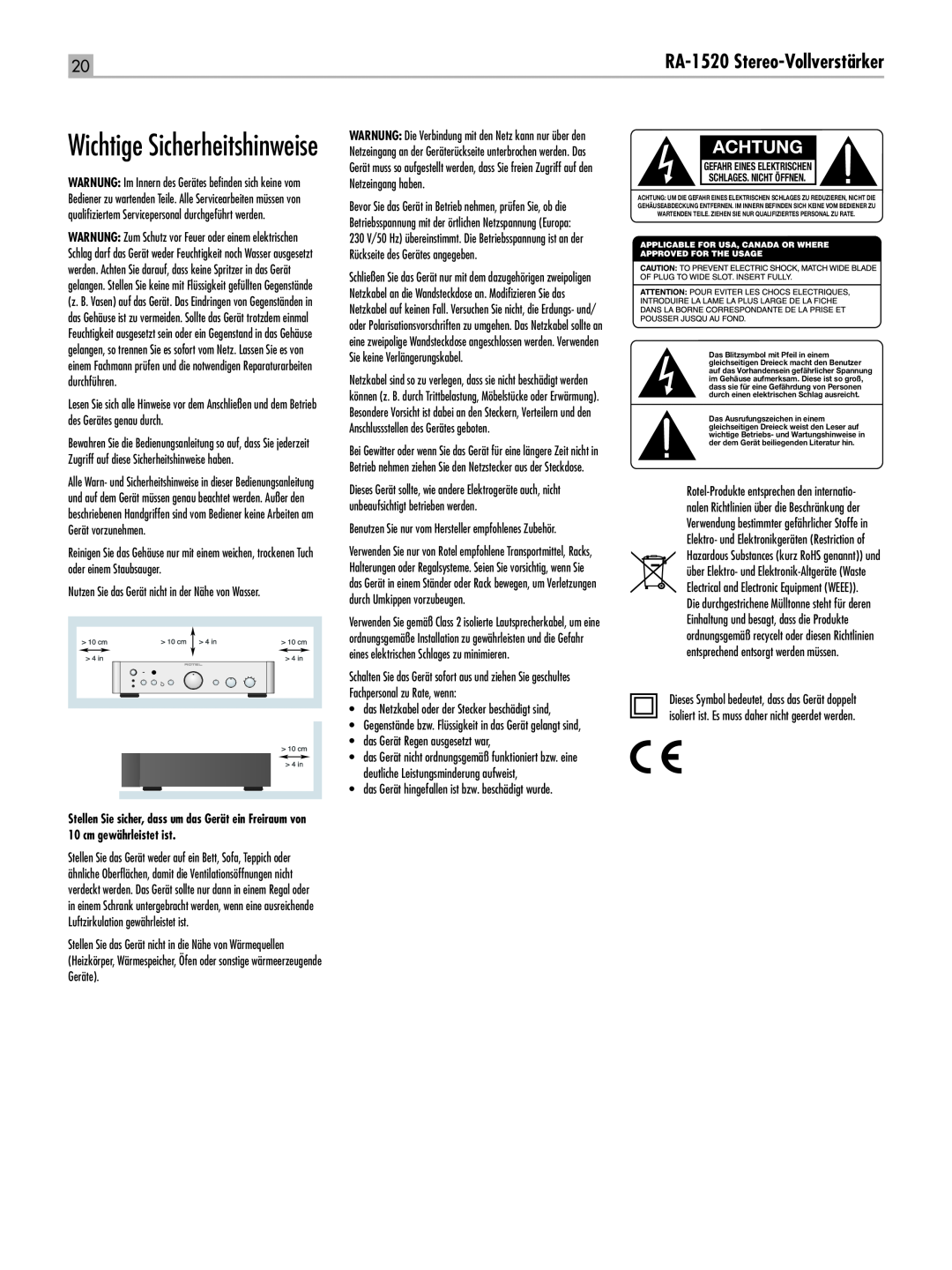 Rotel RA-1520 owner manual Wichtige Sicherheitshinweise, Achtung, RA‑1520 Stereo-Vollverstärker 