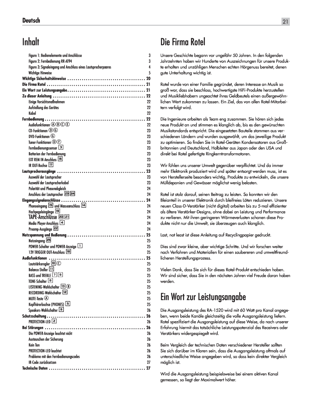 Rotel RA-1520 owner manual Inhalt, Die Firma Rotel, Ein Wort zur Leistungsangabe, Deutsch, TAPE-Anschlüsseio 
