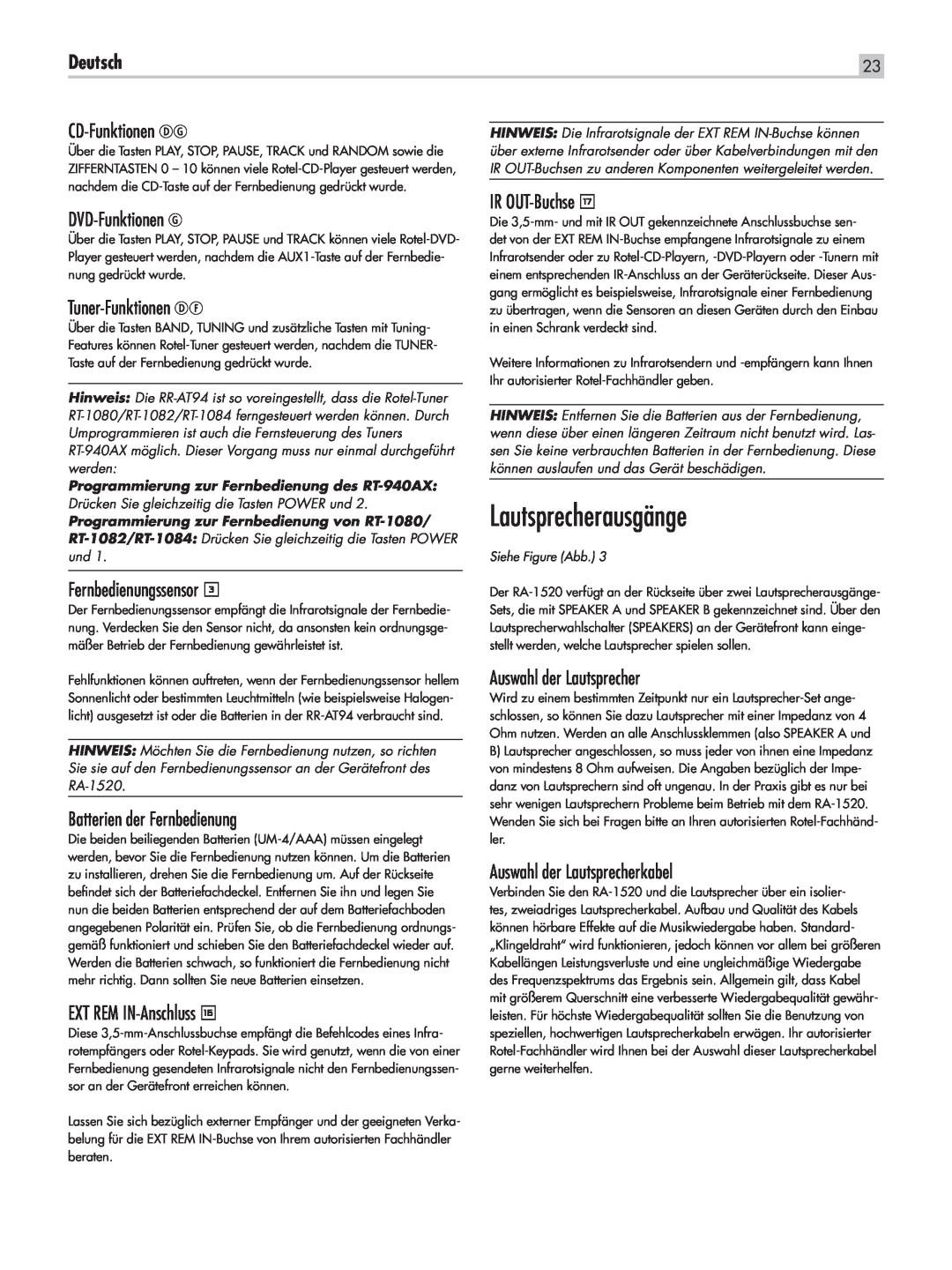 Rotel RA-1520 Lautsprecherausgänge, Deutsch, CD-Funktionen DG, DVD-Funktionen G, Tuner-Funktionen DF, Fernbedienungssensor 