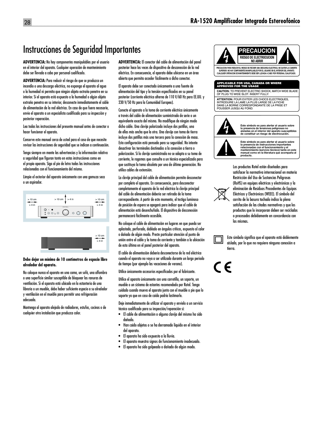 Rotel RA-1520 owner manual Instrucciones de Seguridad Importantes, Precaucion, RA‑1520 Amplificador Integrado Estereofónico 