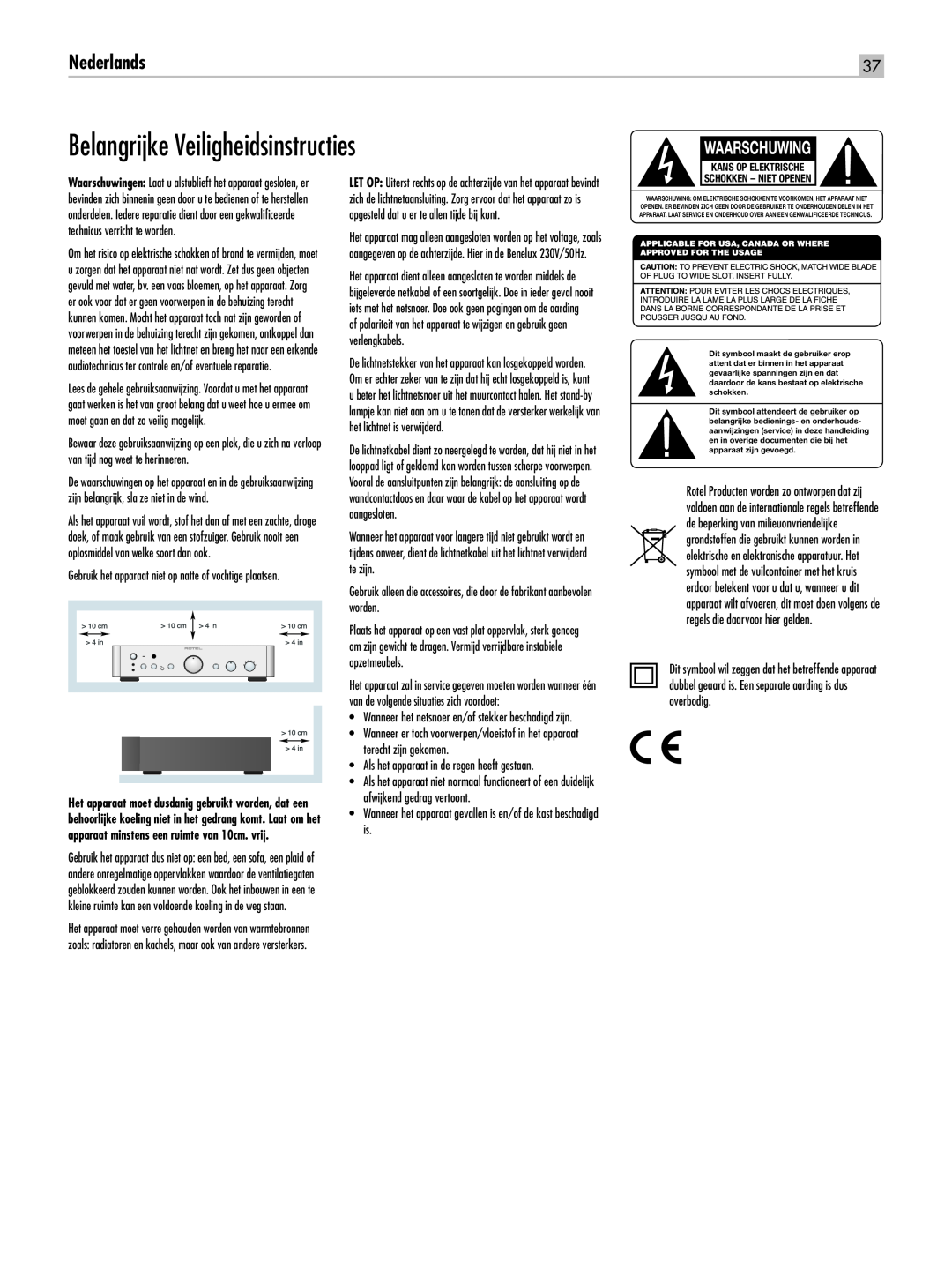 Rotel RA-1520 owner manual Belangrijke Veiligheidsinstructies, Nederlands, Waarschuwing 