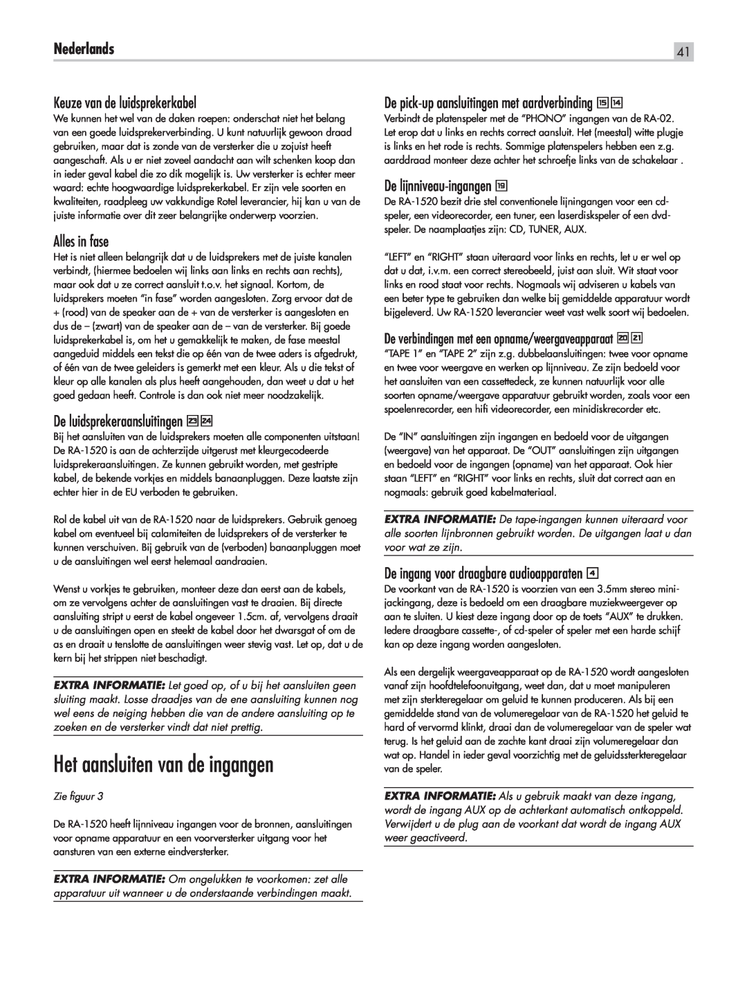 Rotel RA-1520 owner manual Het aansluiten van de ingangen, Nederlands, Keuze van de luidsprekerkabel, Alles in fase 