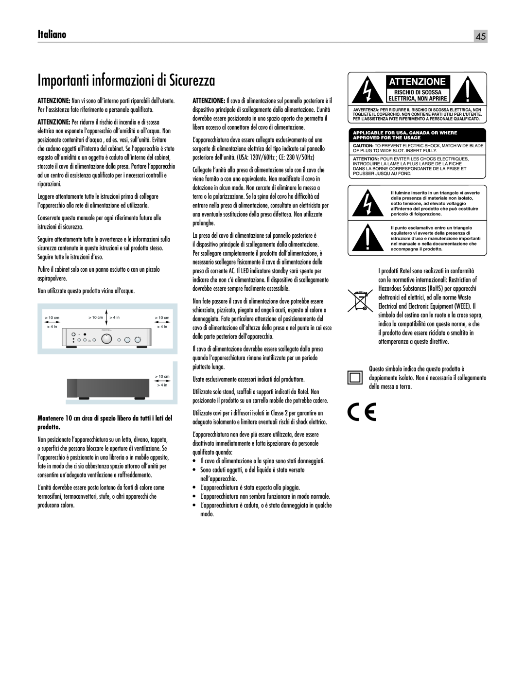 Rotel RA-1520 owner manual Importanti informazioni di Sicurezza, Italiano, Attenzione 