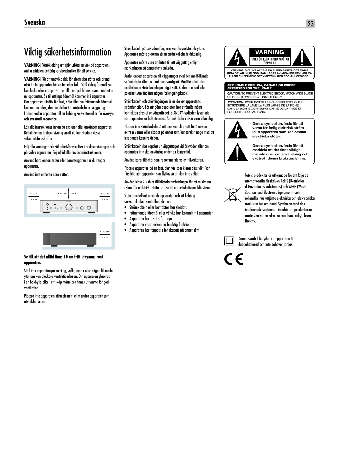 Rotel RA-1520 owner manual Viktig säkerhetsinformation, Svenska, Varning 
