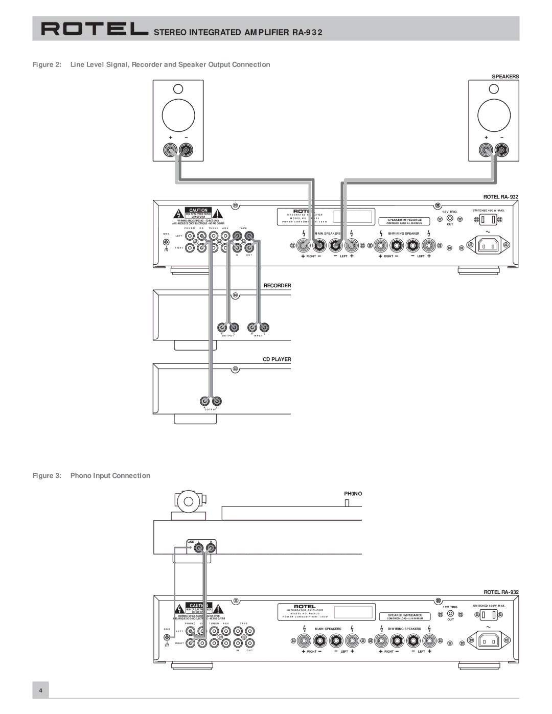 Rotel RA-932 owner manual Line Level Signal, Recorder and Speaker Output Connection 