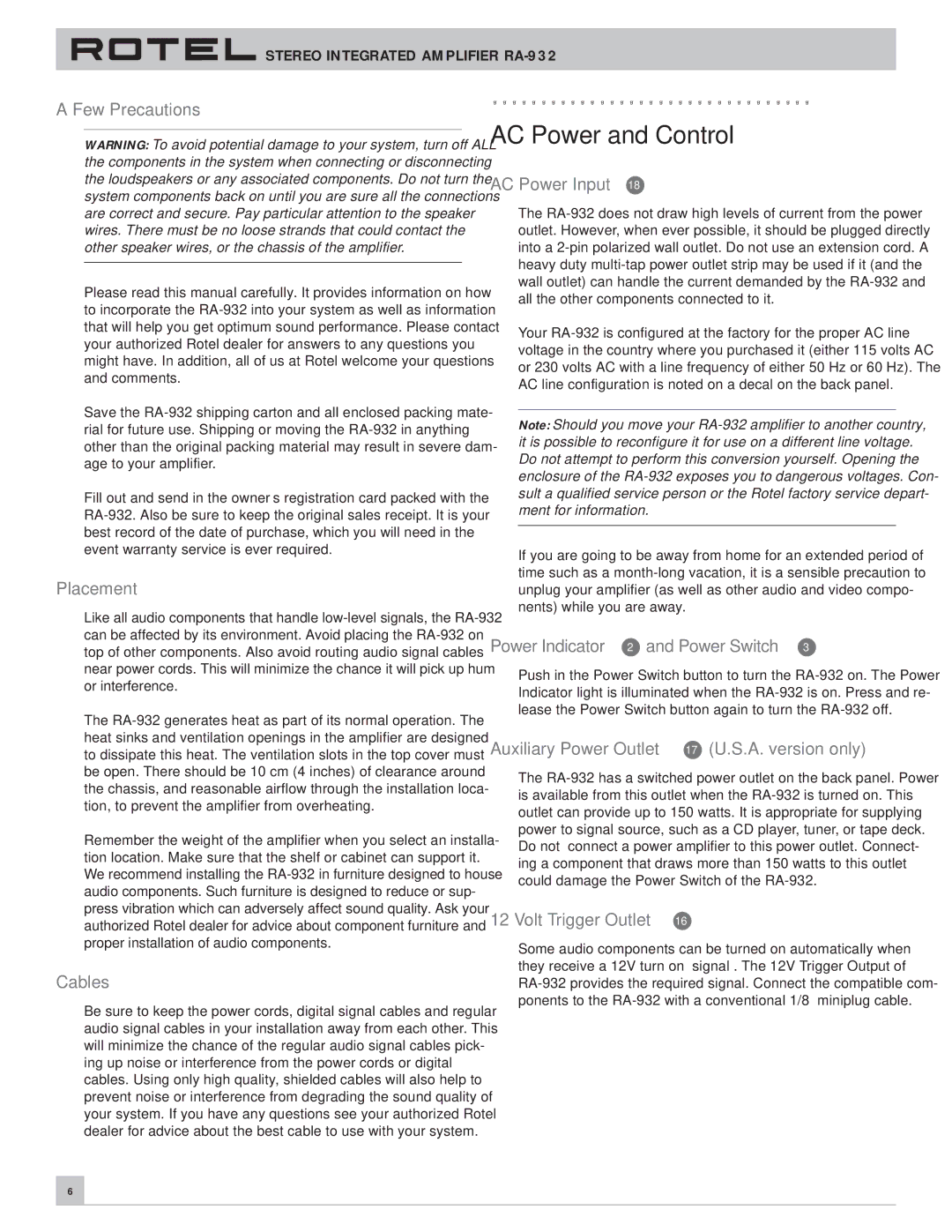 Rotel RA-932 owner manual AC Power and Control 
