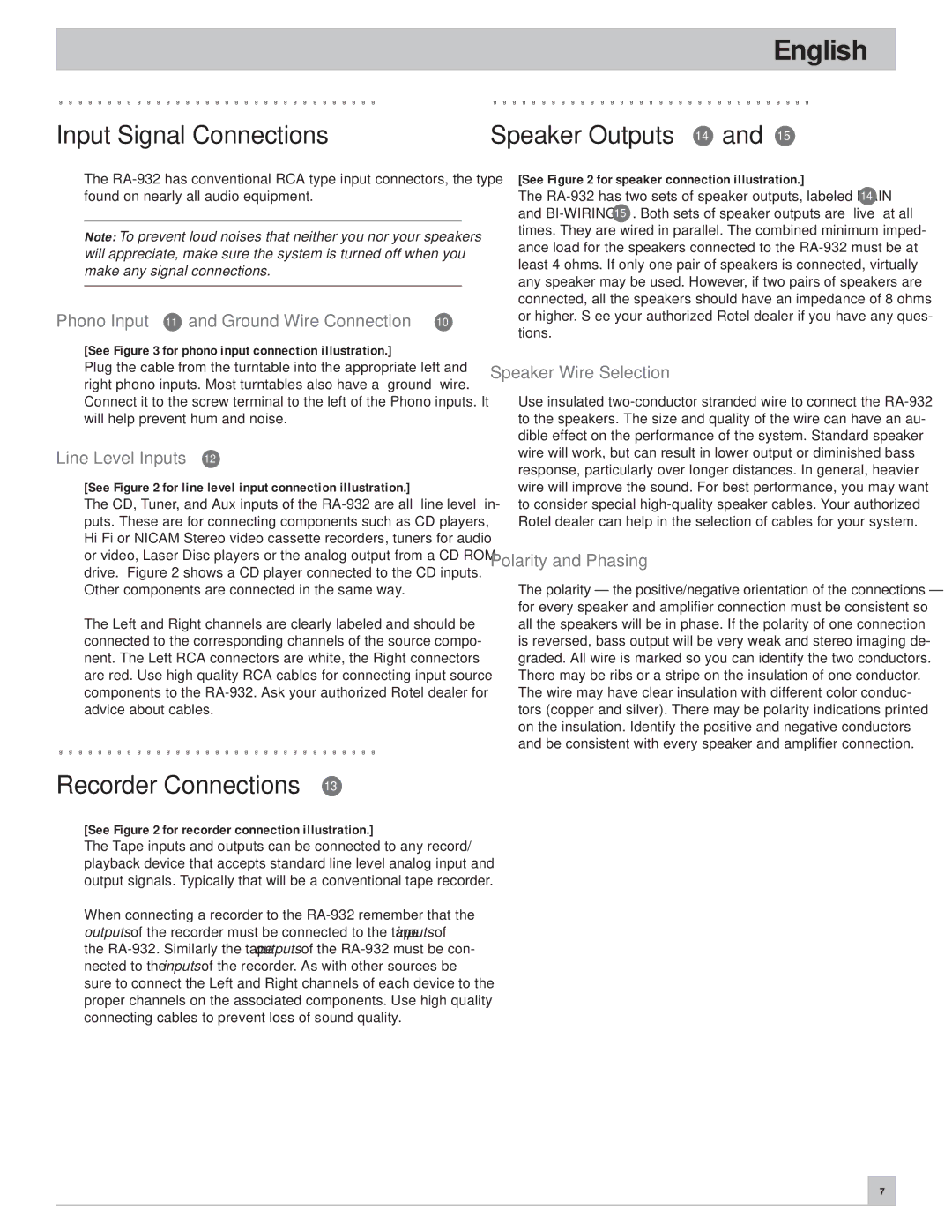 Rotel RA-932 owner manual Input Signal Connections, Recorder Connections, Speaker Outputs 14 