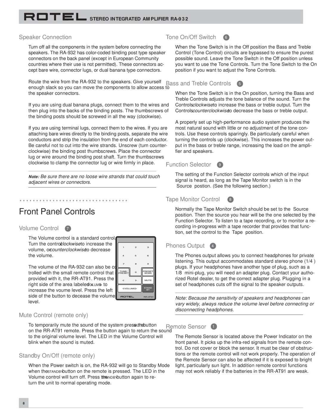 Rotel RA-932 owner manual Front Panel Controls 