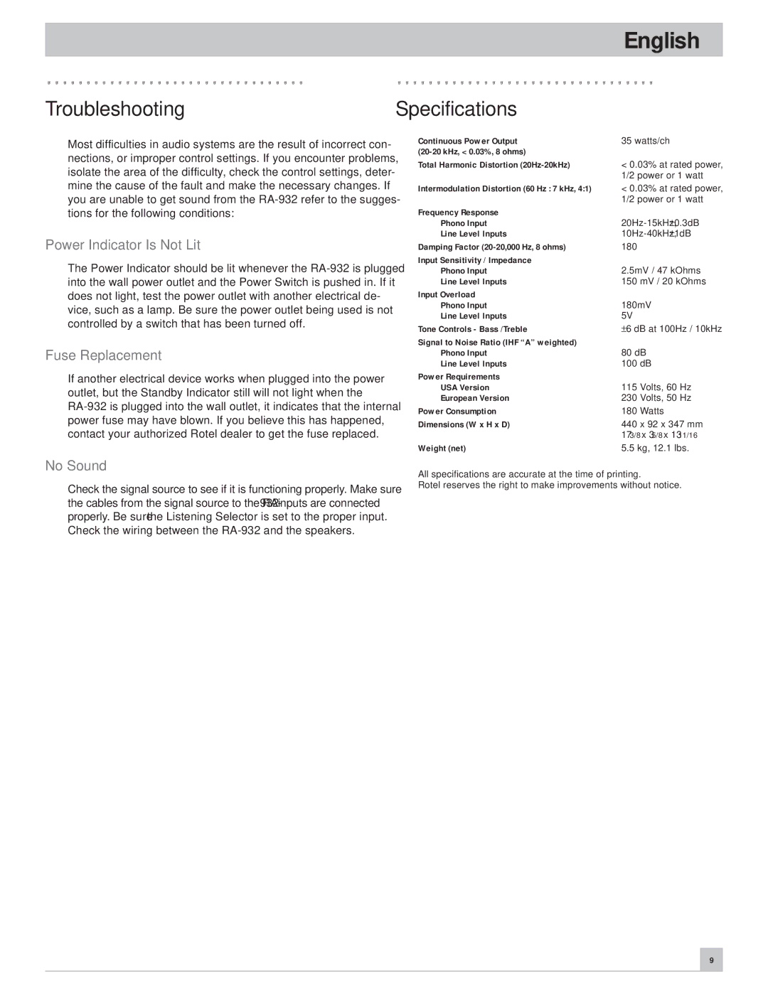 Rotel RA-932 owner manual Troubleshooting, Specifications, Power Indicator Is Not Lit, Fuse Replacement, No Sound 