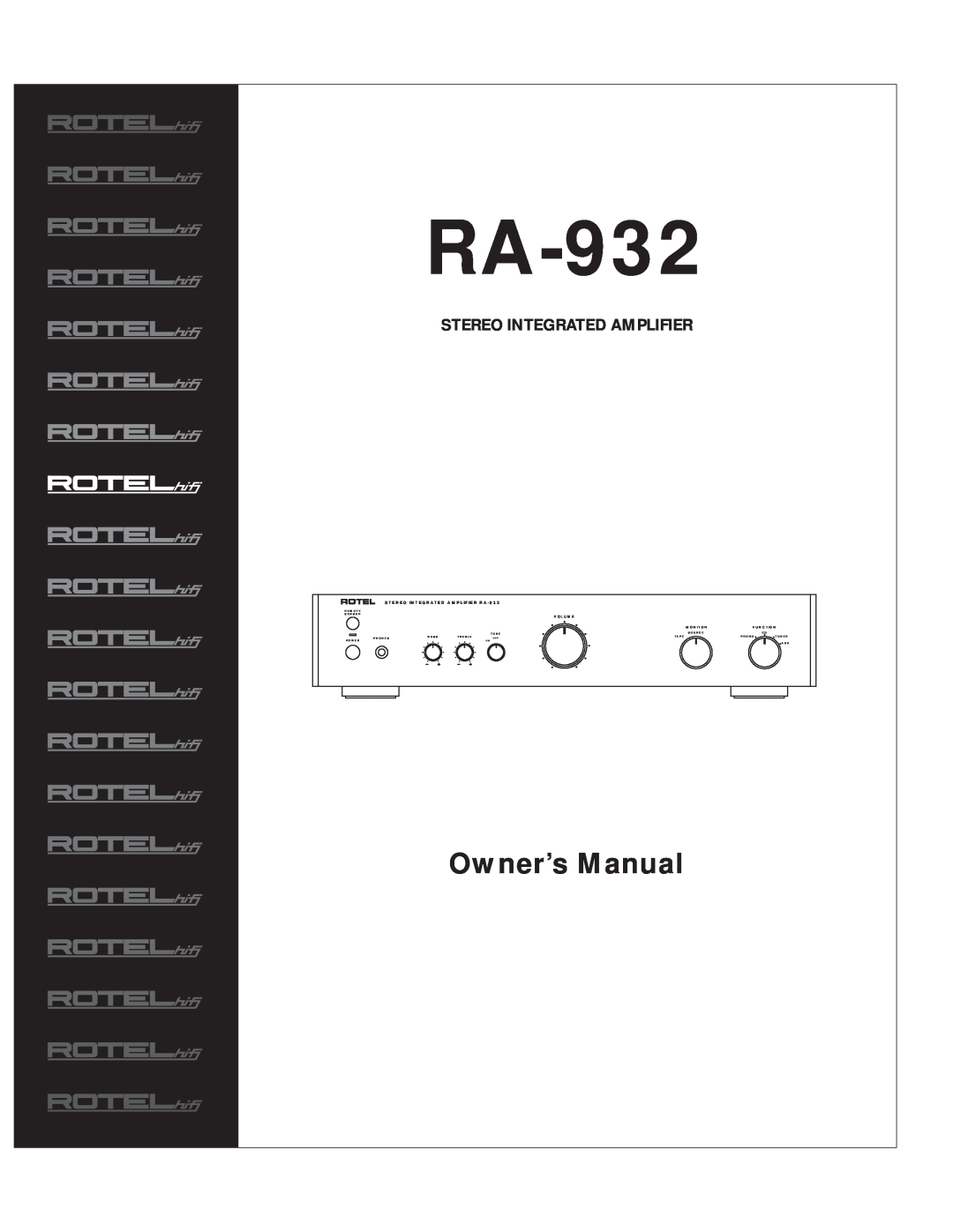 Rotel RA-932 owner manual Stereo Integrated Amplifier, Remote Sensor, Tone, Source, Phones, Bass, Treble, Tape, Phono 
