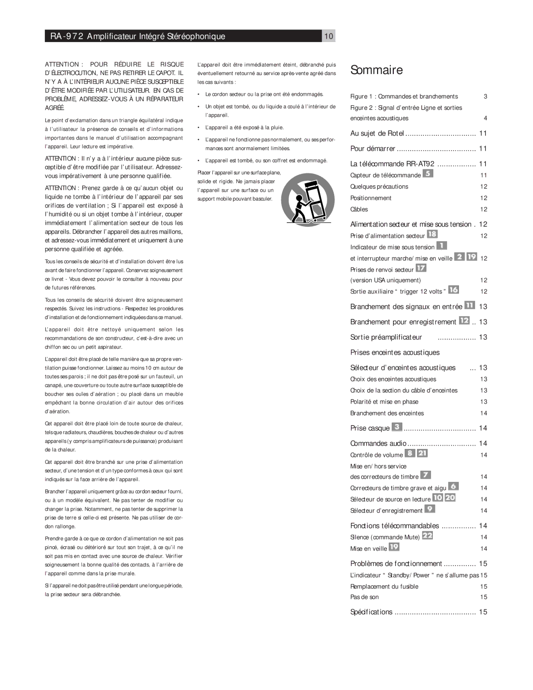 Rotel owner manual Sommaire, RA-972Amplificateur Intégré Stéréophonique 