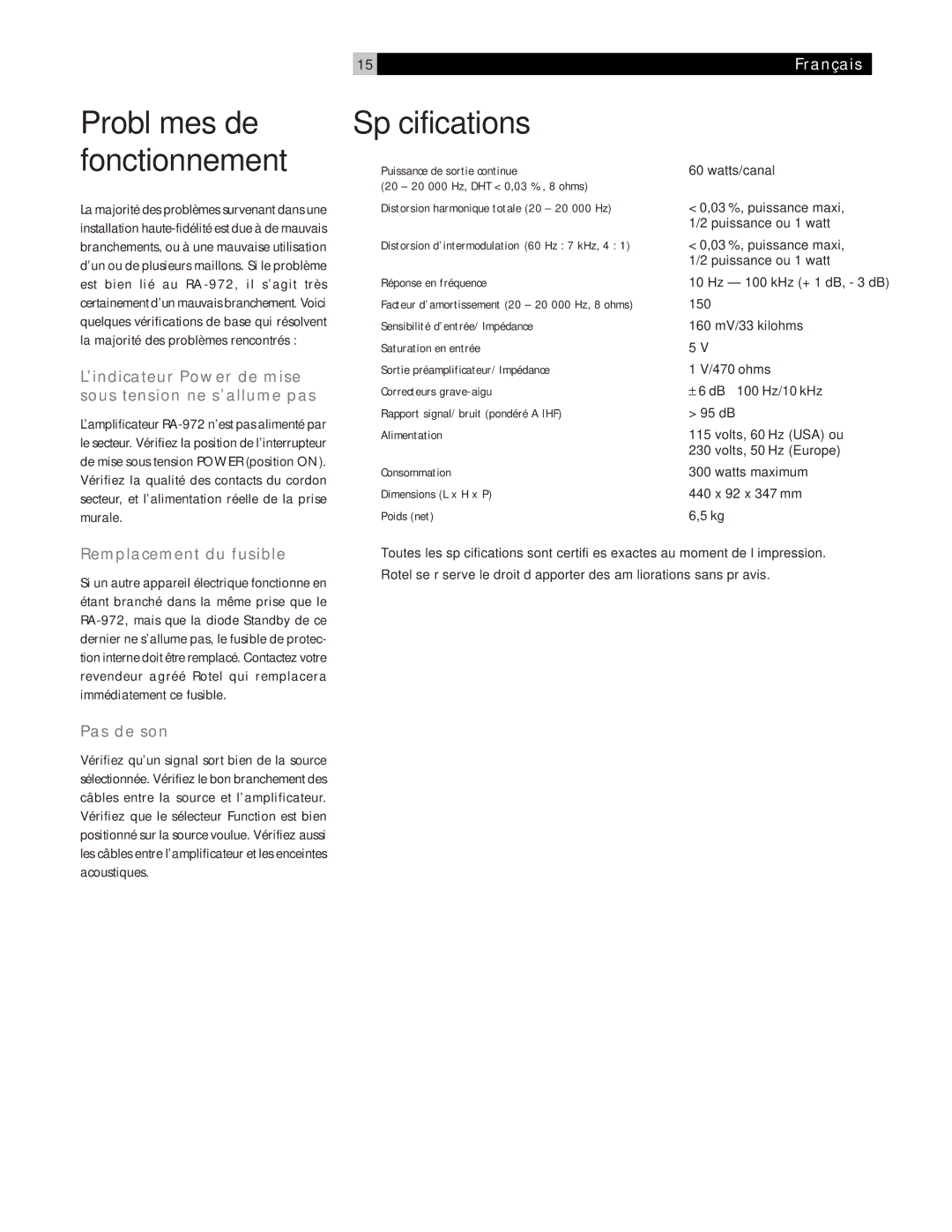 Rotel RA-972 Spécifications, Problèmes de fonctionnement, ’indicateur Power de mise sous tension ne s’allume pas 