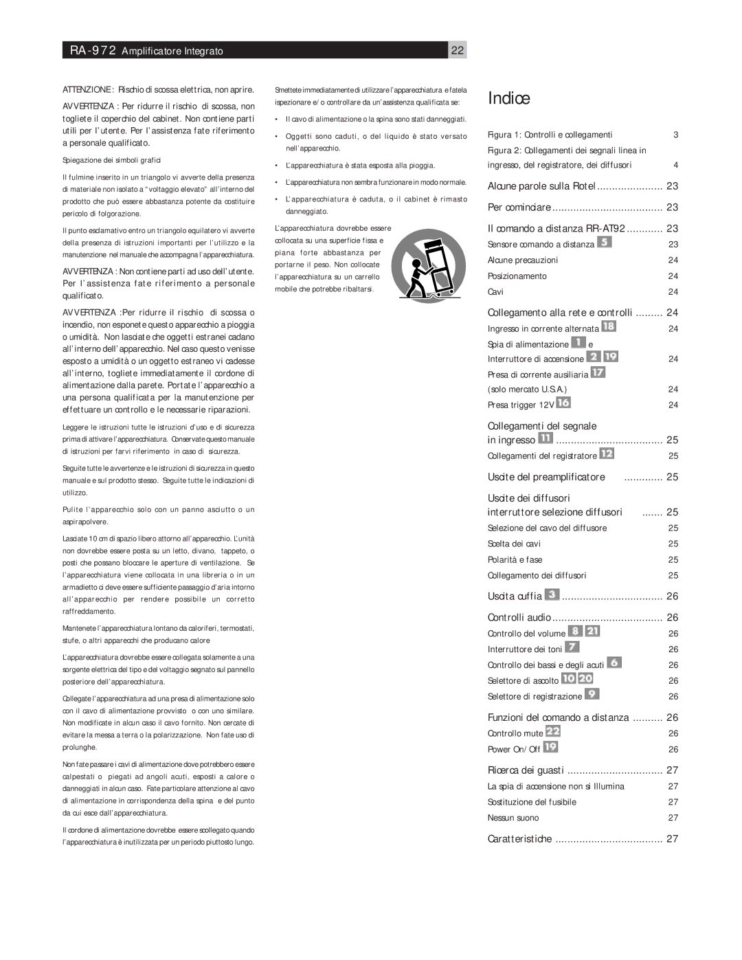 Rotel RA-972 owner manual Indice, Caratteristiche 