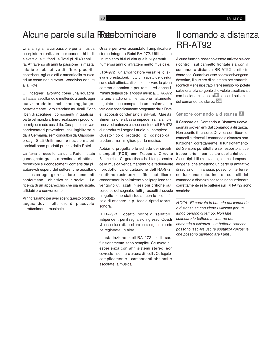 Rotel RA-972 owner manual Per cominciare, Sensore comando a distanza 