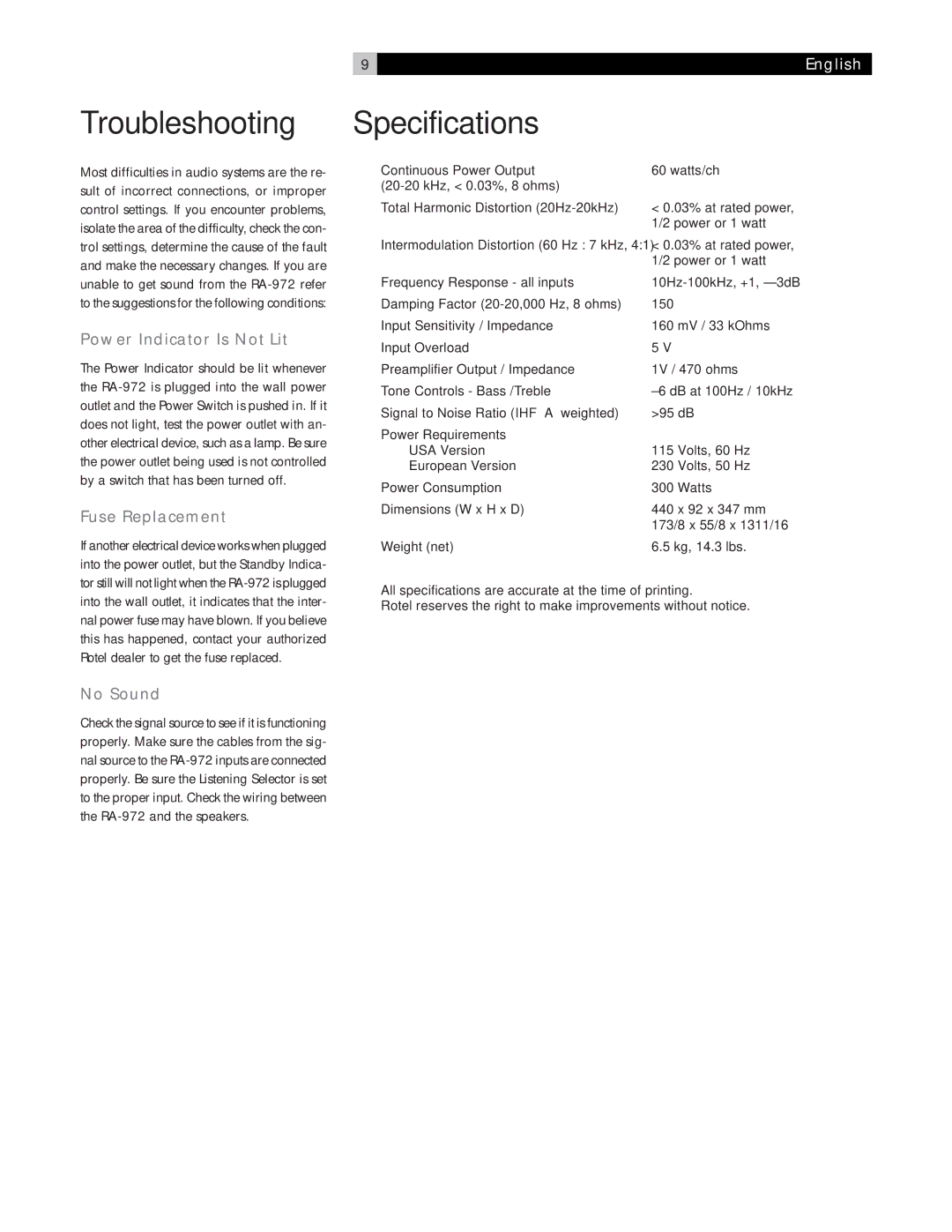 Rotel RA-972 owner manual Troubleshooting, Specifications, Power Indicator Is Not Lit, Fuse Replacement, No Sound 