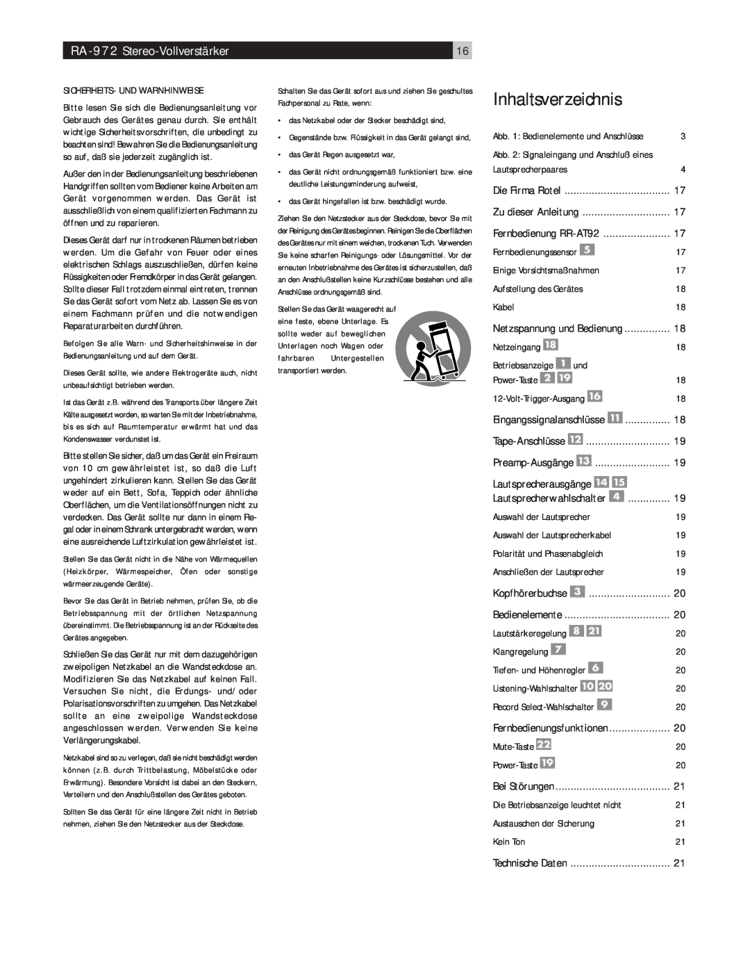 Rotel owner manual Inhaltsverzeichnis, RA-972 Stereo-Vollverstärker, Lautsprecherausgänge 