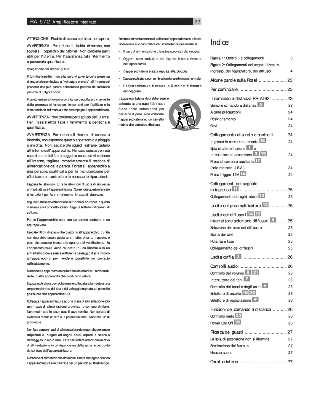 Rotel RA-972 owner manual Indice, Collegamenti del segnale 