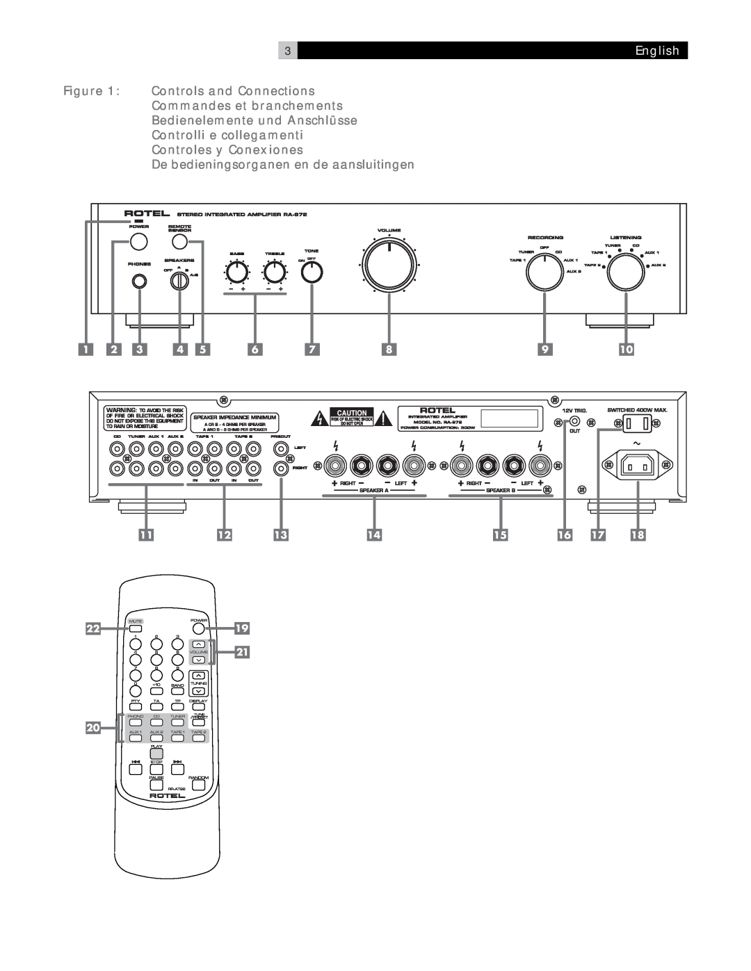Rotel RA-972 owner manual English, Controls and Connections, Commandes et branchements, Bedienelemente und Anschlüsse 