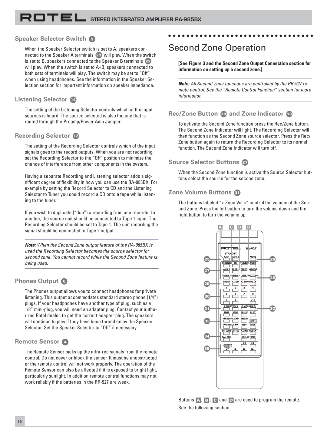 Rotel RA-985BX owner manual Second Zone Operation 