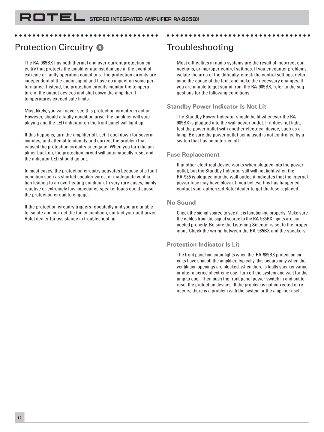 Rotel RA-985BX Protection Circuitry Troubleshooting, Standby Power Indicator Is Not Lit, Fuse Replacement, No Sound 