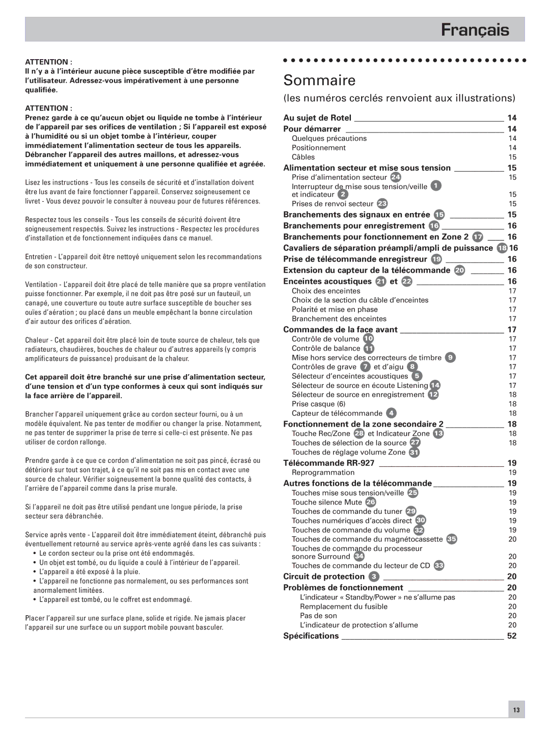 Rotel RA-985BX owner manual Français, Sommaire 