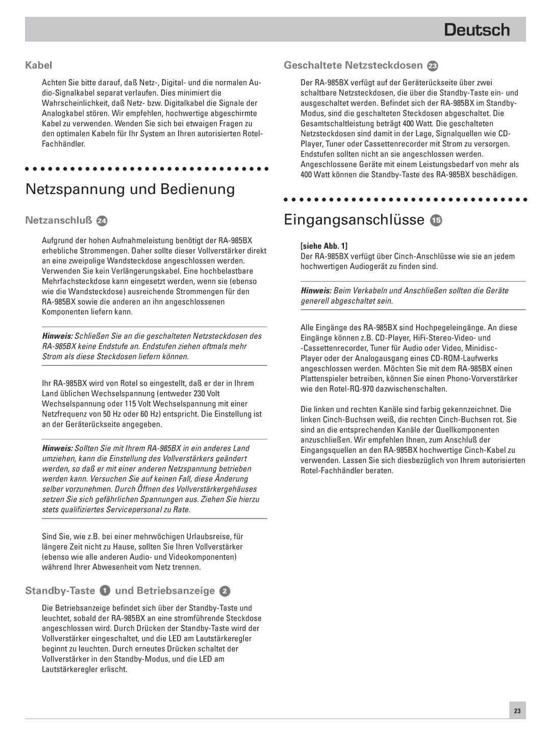 Rotel RA-985BX owner manual Netzspannung und Bedienung, Eingangsanschlüsse 