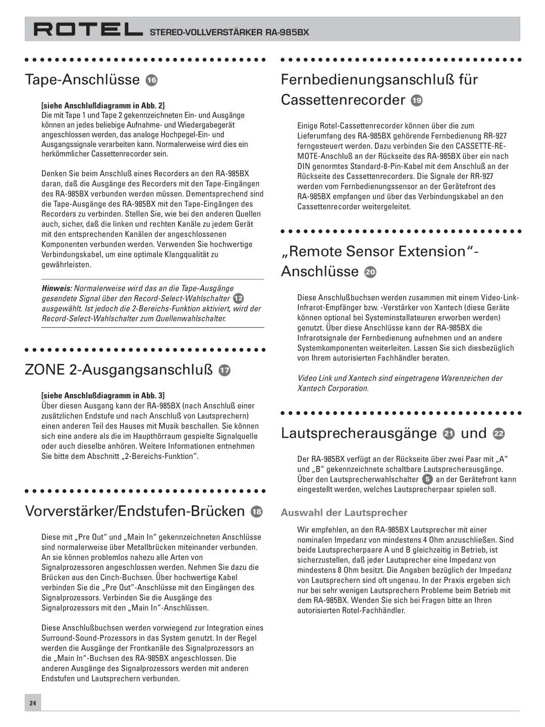 Rotel RA-985BX Tape-Anschlüsse, Fernbedienungsanschluß für Cassettenrecorder, „Remote Sensor Extension Anschlüsse 