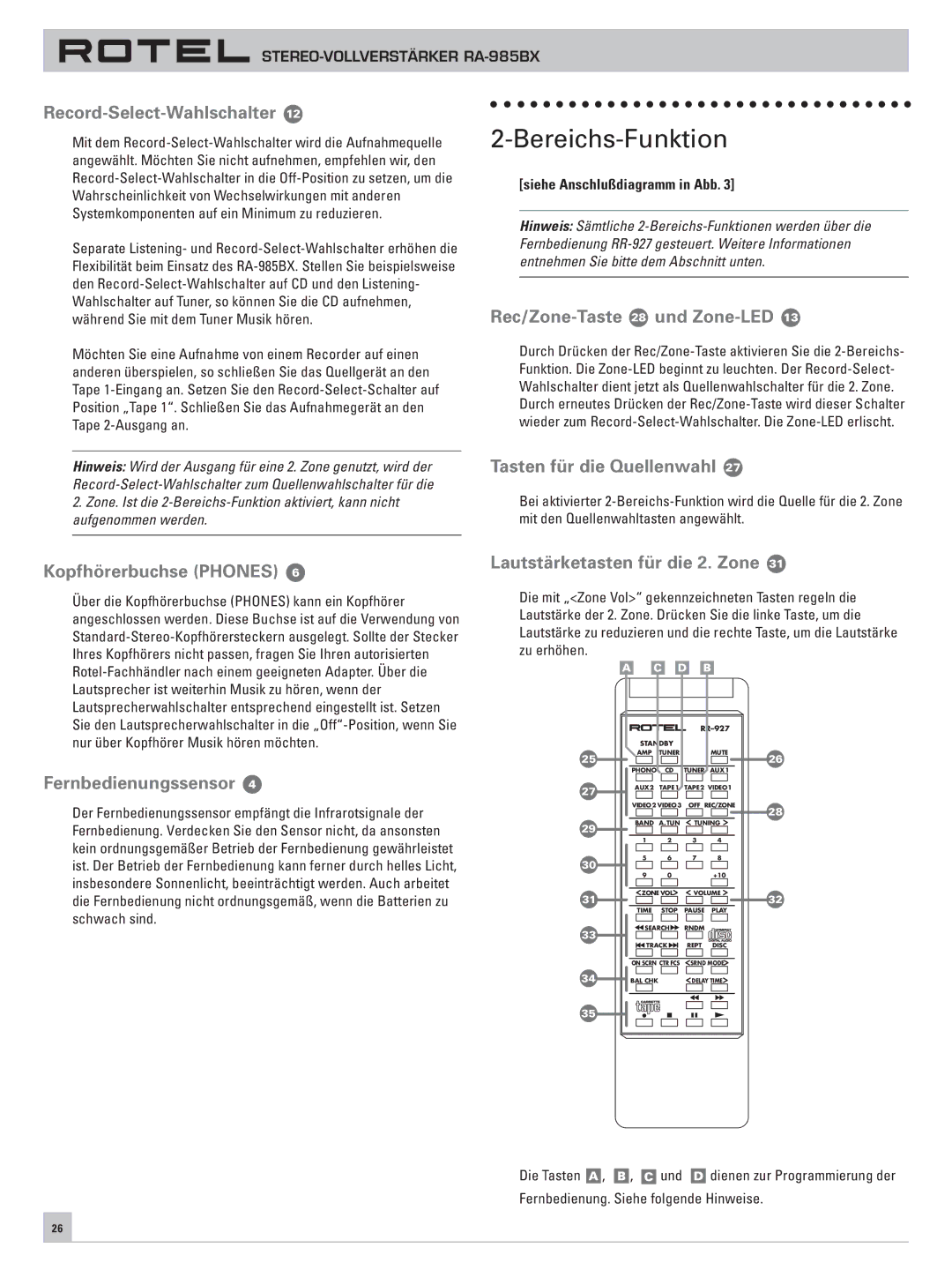 Rotel RA-985BX owner manual Bereichs-Funktion 