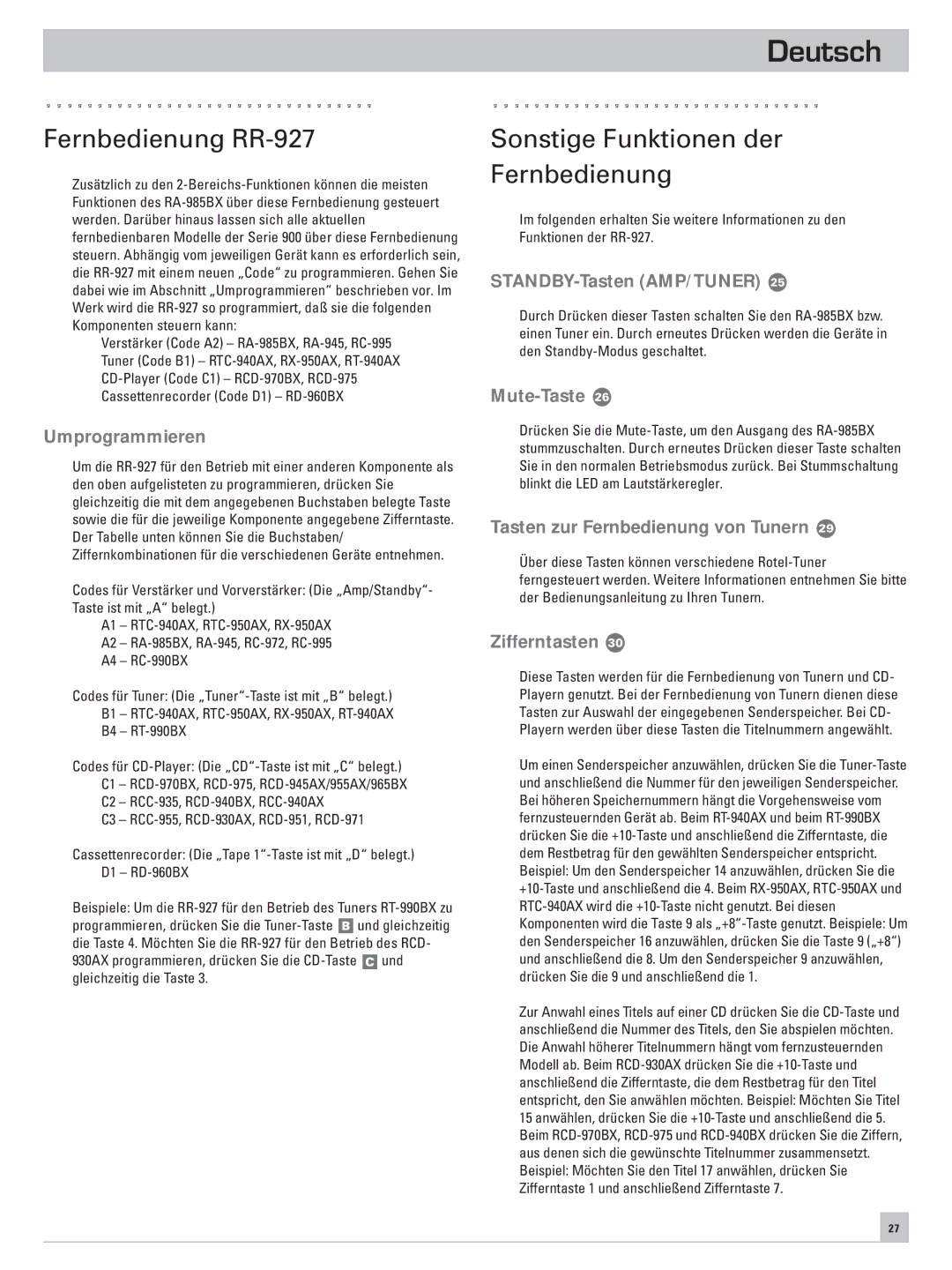 Rotel RA-985BX owner manual Fernbedienung RR-927, Sonstige Funktionen der Fernbedienung 