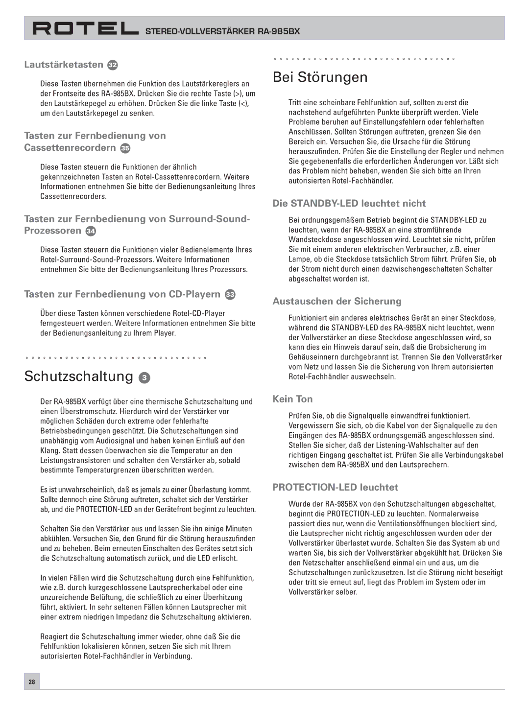 Rotel RA-985BX owner manual Schutzschaltung, Bei Störungen 