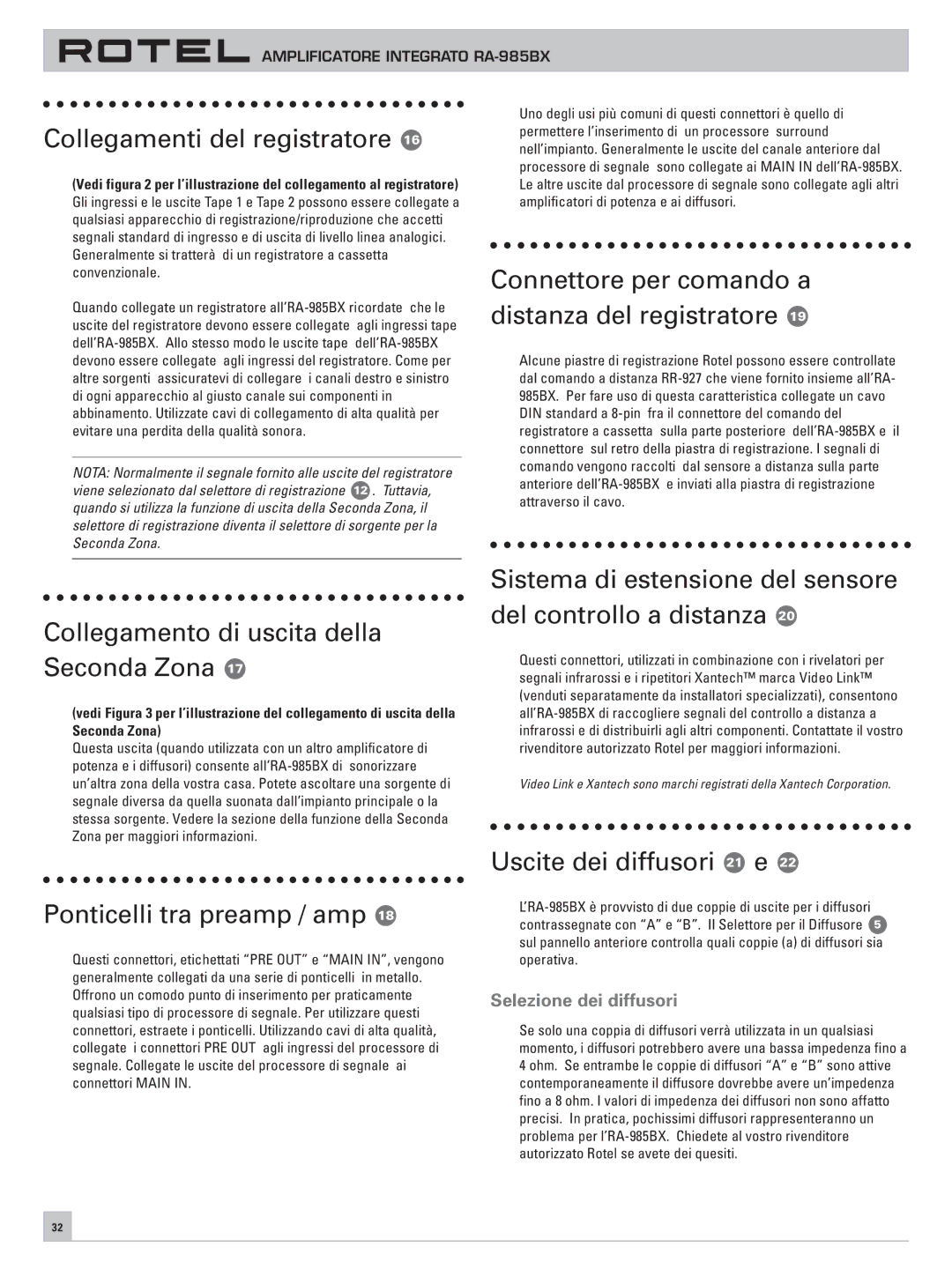 Rotel RA-985BX owner manual Collegamenti del registratore, Connettore per comando a distanza del registratore 