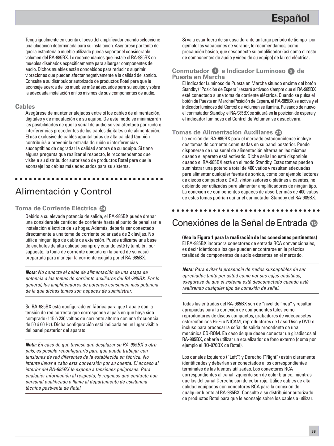 Rotel RA-985BX owner manual Alimentación y Control, Conexiónes de la Señal de Entrada, Toma de Corriente Eléctrica 