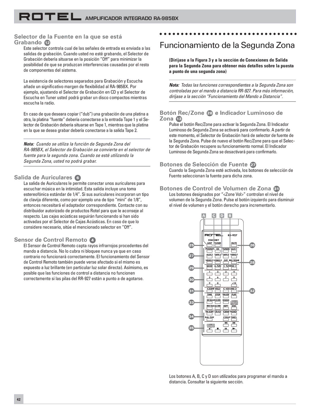 Rotel RA-985BX owner manual Funcionamiento de la Segunda Zona 