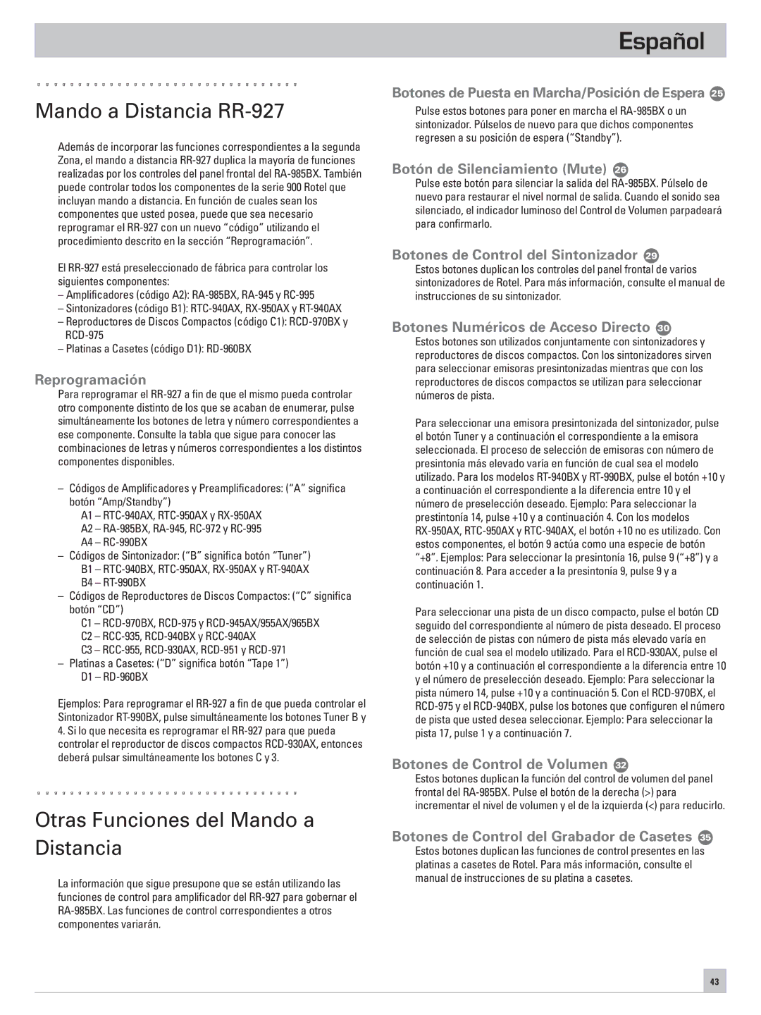 Rotel RA-985BX owner manual Mando a Distancia RR-927, Otras Funciones del Mando a Distancia 