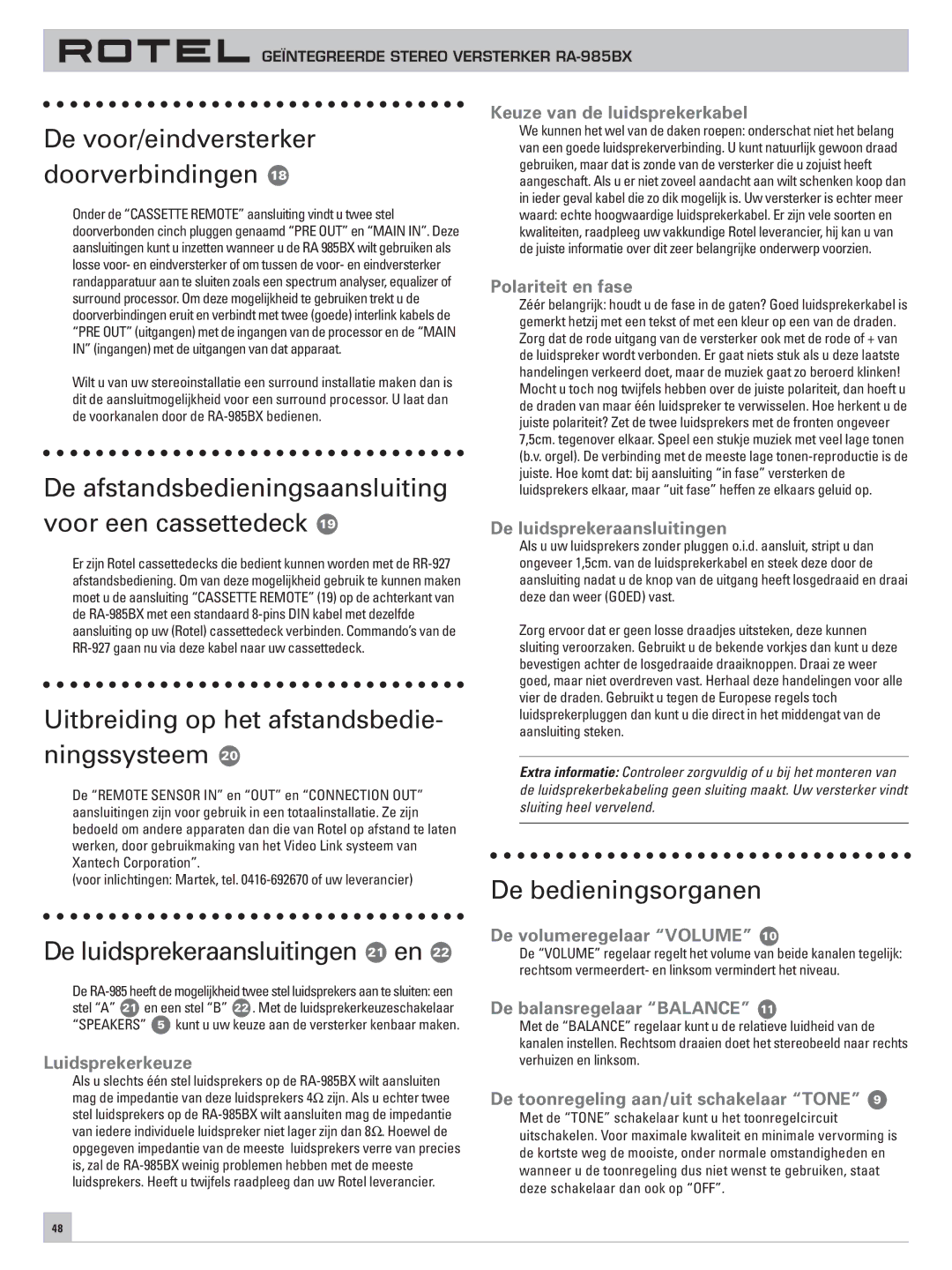 Rotel RA-985BX owner manual De voor/eindversterker doorverbindingen, De afstandsbedieningsaansluiting voor een cassettedeck 