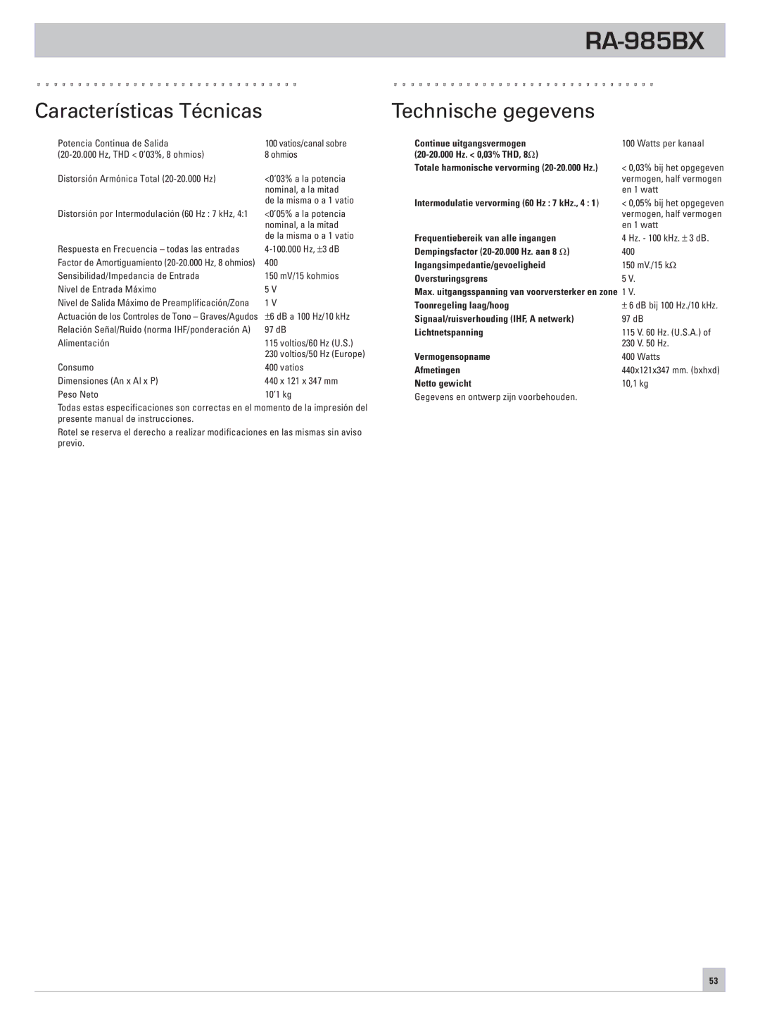 Rotel RA-985BX owner manual Características Técnicas, Technische gegevens 