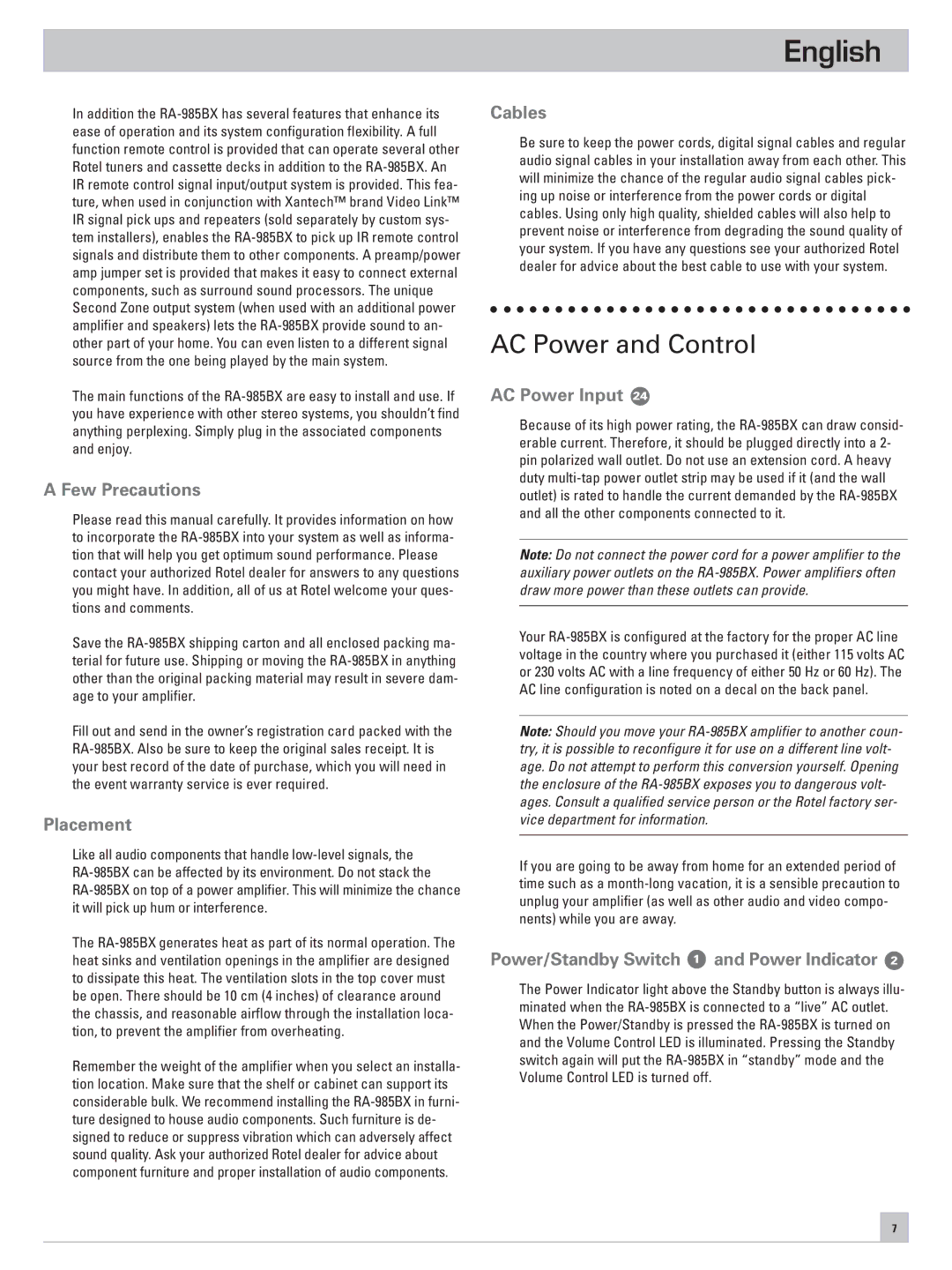 Rotel RA-985BX owner manual English, AC Power and Control 