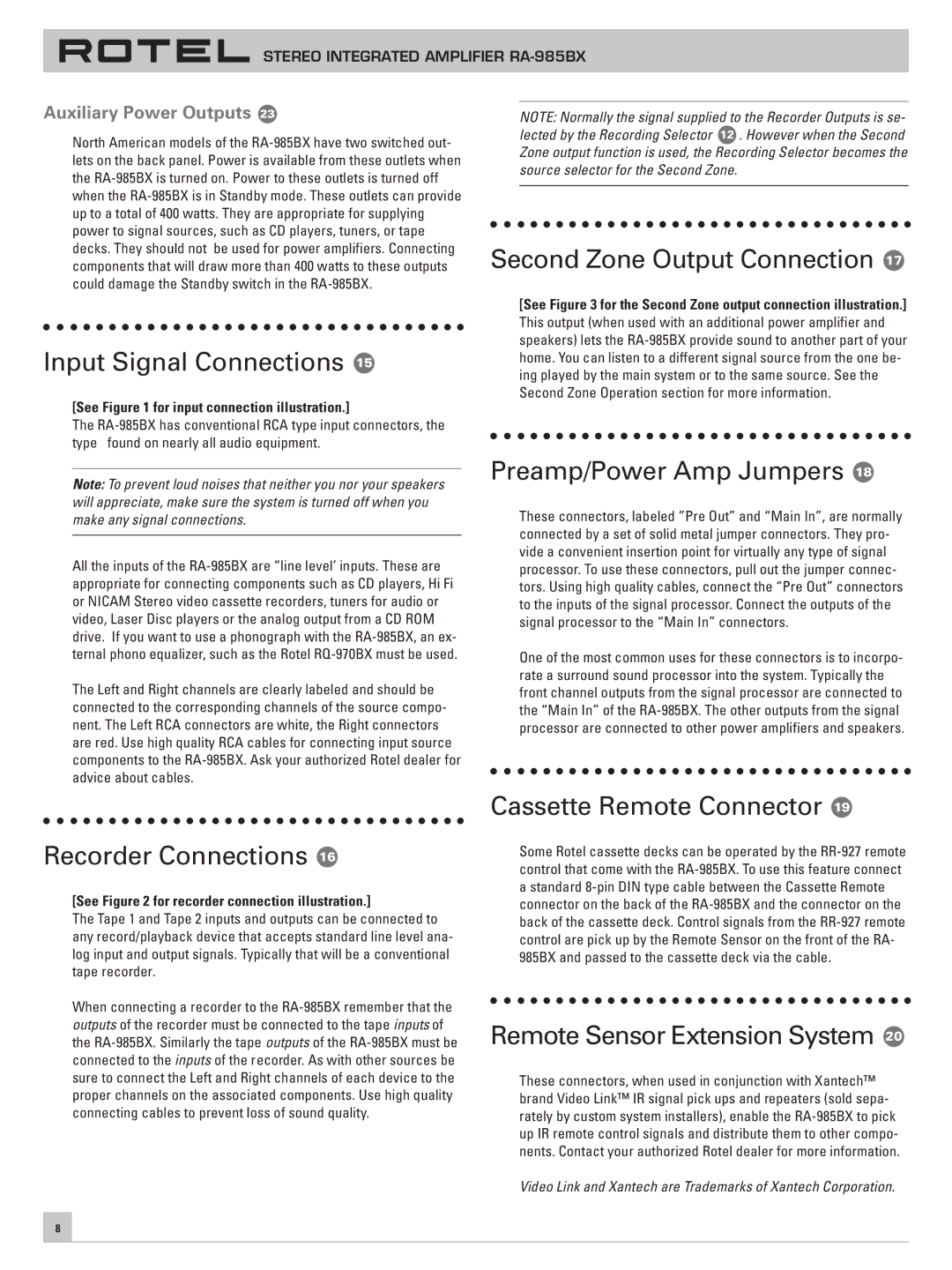 Rotel RA-985BX owner manual Input Signal Connections, Second Zone Output Connection, Preamp/Power Amp Jumpers 